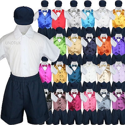 

Navy Boy Toddler Formal Vest Shorts Suit Satin Vest Bow Tie Hat 5PC Set sz S-4T