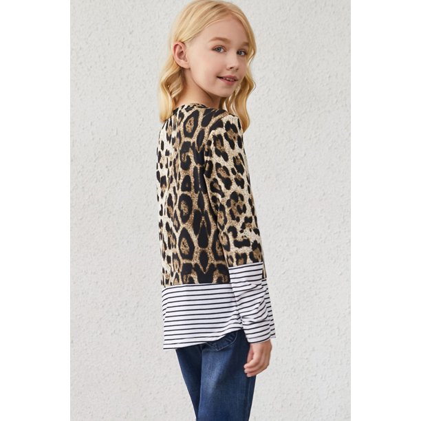 ABPHQTO Top de manga larga con bolsillo de lentejuelas y retazos de rayas de leopardo para mujer