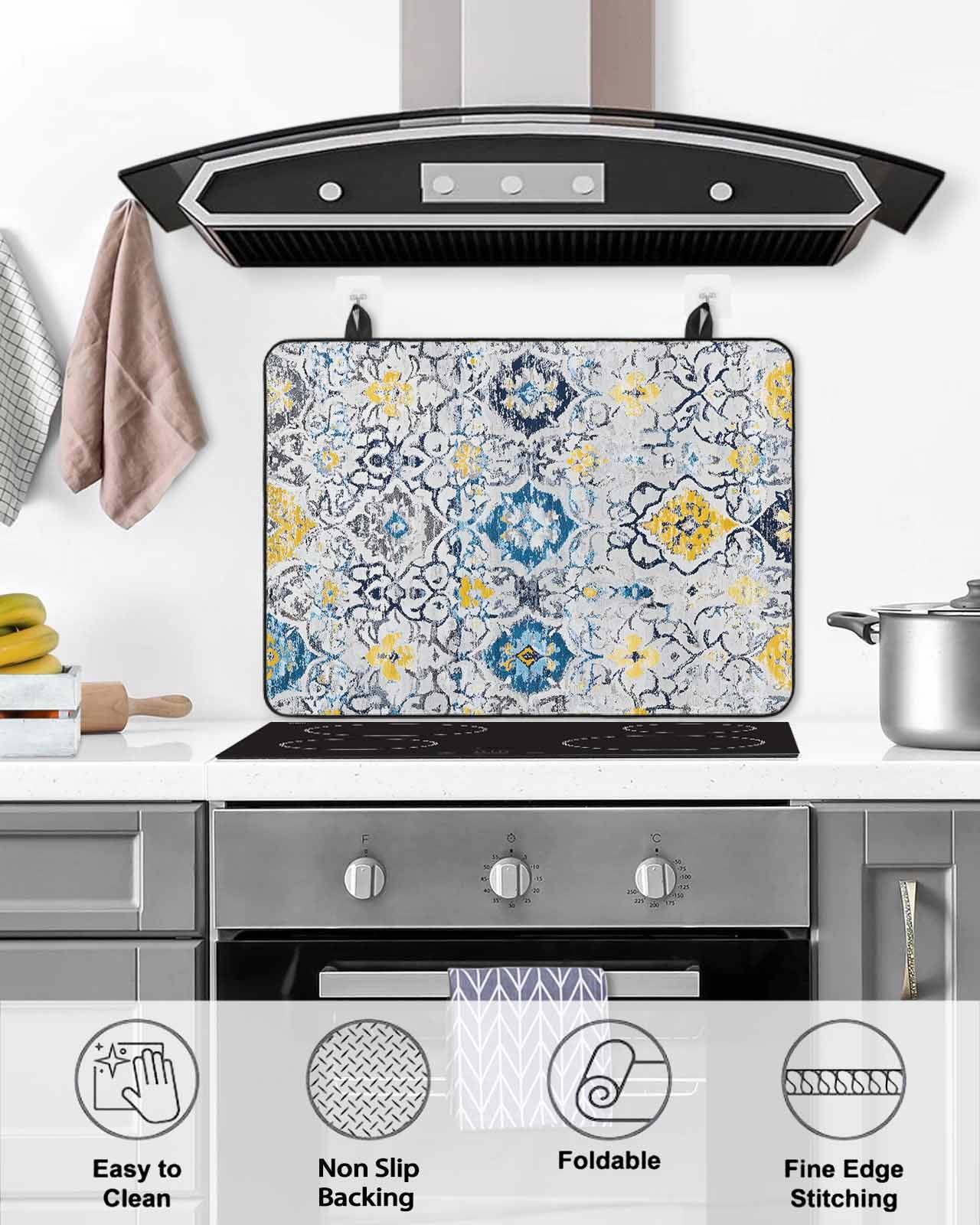 nqOlkjepod Large Induction Cooktop Protector Mat 36"x21", Vintage Ethnic Stove Top Covers for Electric Stove, Morocco Boho Farmhouse Abstract Texture Stove Burner Cover Mats, Glass Top Stove Cover