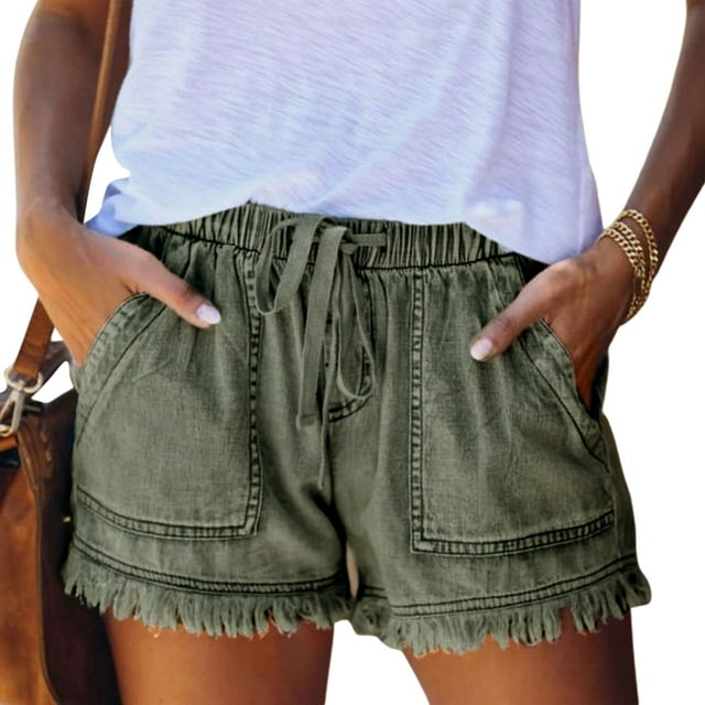 Kmbangi Women Washed Denim Shorts Elastic Waist Frayed Hem Loose Short Jeans