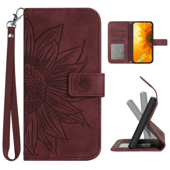 Cowithday Flip Wallet Cover Case for Samsung Galaxy S23 Ultra 5G Phone, S23 Ultra TPU Case, PU Leather Embossed Sunflower Shockproof Kickstand Slim Magnetic Case for Samsung S23 Ultra 5G 6.8", Winered