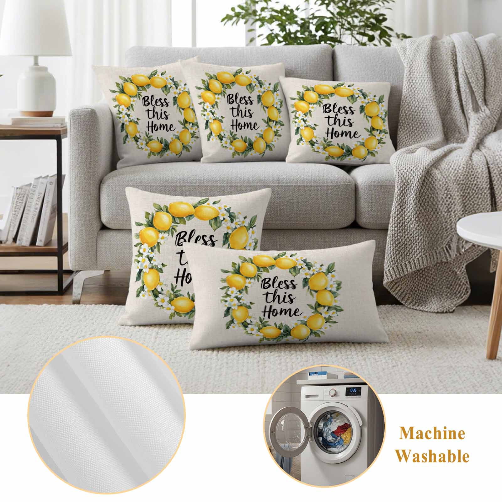 Country Bless This Home Pillow Covers 2 Pack Yellow Lemon Linen Texture Pillowcase Waterproof Outdoor Throw Pillow Cover for Patio Garden Square Cushion 24”x24”