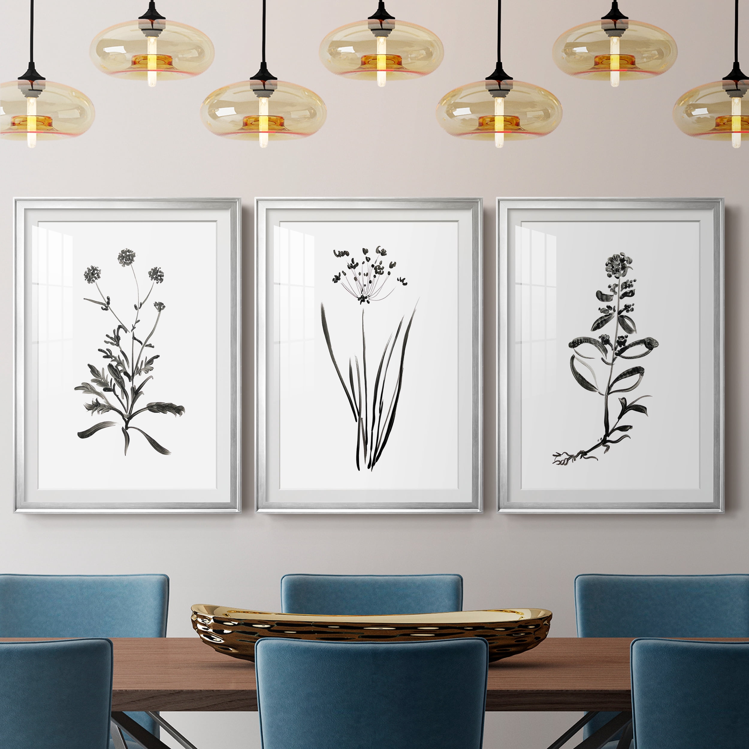 Inky Botanical I Premium Framed Prints Set of 3 - Ready to Hang - 30.5 x 42.5 Each - Silver Frame
