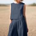 thumbnail image 5 of vigerkar Women's Summer 2 Piece Outfits Sleeveless Crop Top Capri Wide Leg Pants Jumpsuit Linen Lounge Beach Travel Sets Blue, XL, 5 of 9