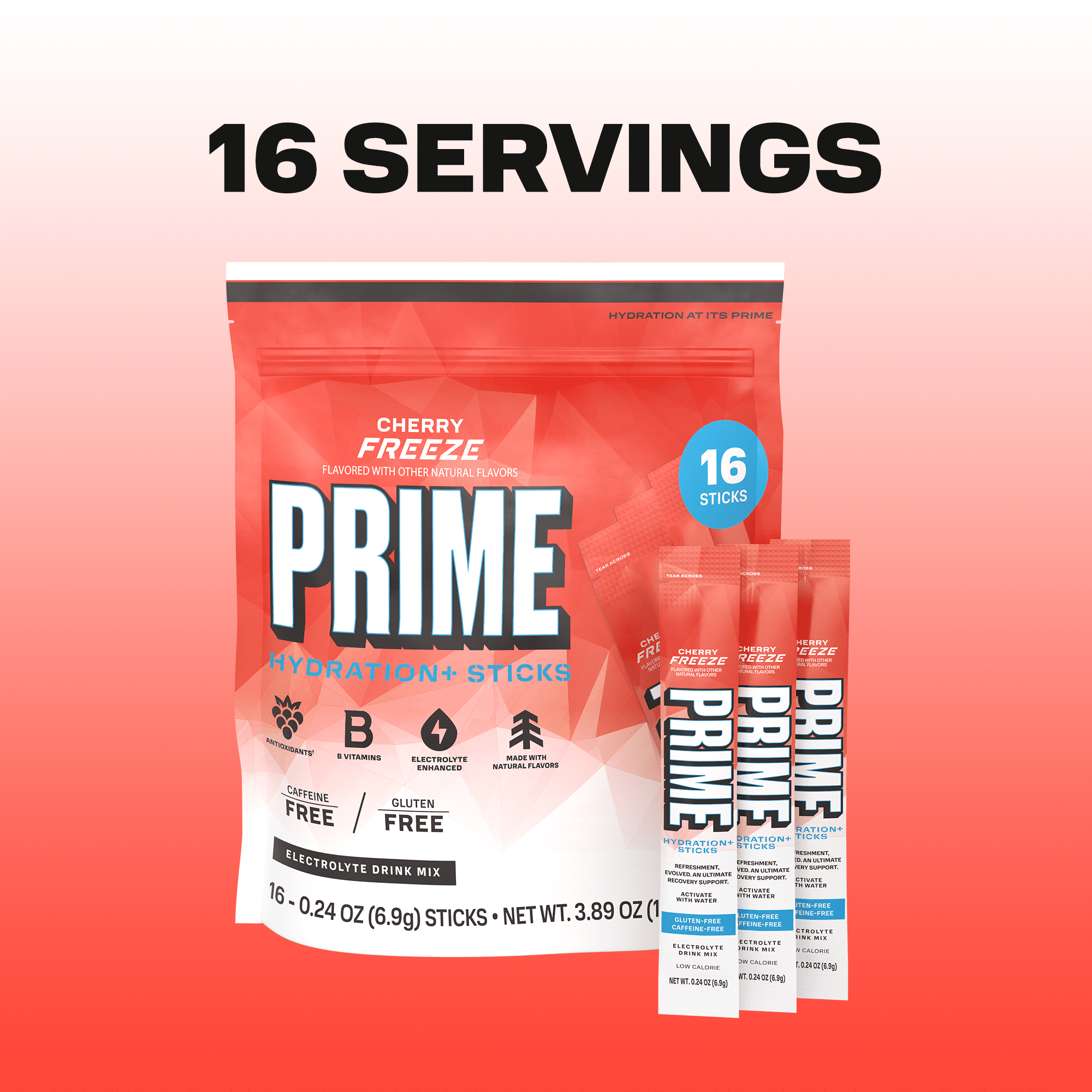 PRIME Hydration+ Cherry Freeze Electrolyte Powder Sticks, Sugar Free, 16 Count