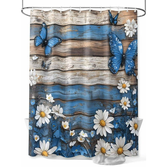 Fsddascl Blue Butterfly White Daisy Shower Curtain Set - 60" x 72" Washable Bathtub Curtain with 12 Hooks, Vintage Botanical Wooden Waterproof Fabric Stall Shower Curtains for Bathroom/Bathtub