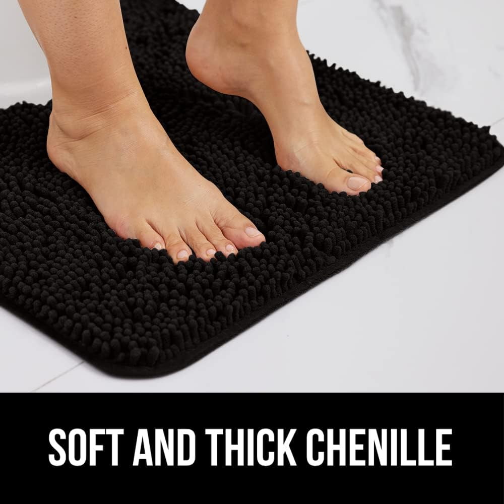 Bath Rug 30x20, Thick Soft Absorbent Chenille, Rubber Backing Quick Dry Microfiber Mats, Machine Washable Rugs for Shower Floor, Bathroom Runner Bathmat Accessories Decor, Black