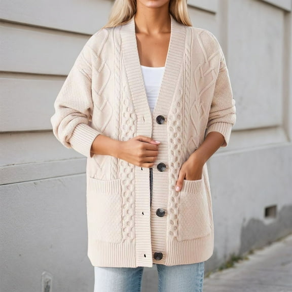 SYMOID Womens Acrylic Cable Knit Cardigan - Oversized V-Neck, Soft Warm, Easy Care with Pockets, Ribbed Trims, Beige, Relaxed Fit for Spring/Fall (S-XL),Size L