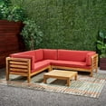 thumbnail image 2 of Frankie Outdoor 5 Seater V Shaped Mid-Century Modern Acacia Wood Sectional Sofa Set with Coffee Table, Teak and Red, 2 of 9