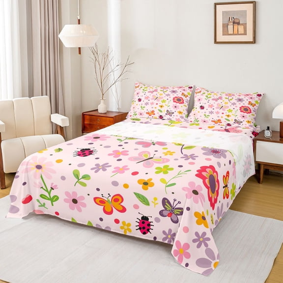 Feelyou Cute Floral Flower Twin Sheet Sets for Kids, Spring Garden Plant Twin Fitted Sheet, Butterfly Ladybug Flat Sheet, Microfiber Bedroom Decor, 3-Piece
