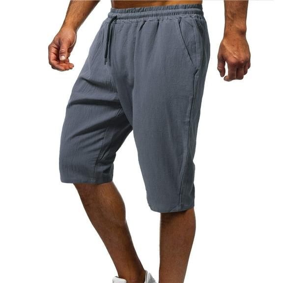 PBNBP Linen Pants for Men 2023,Men's Long Linen Shorts Below Knee Pocketed 3/4 Summer Drawstring Capri Pant Sport Shorts for Men Quick Dry
