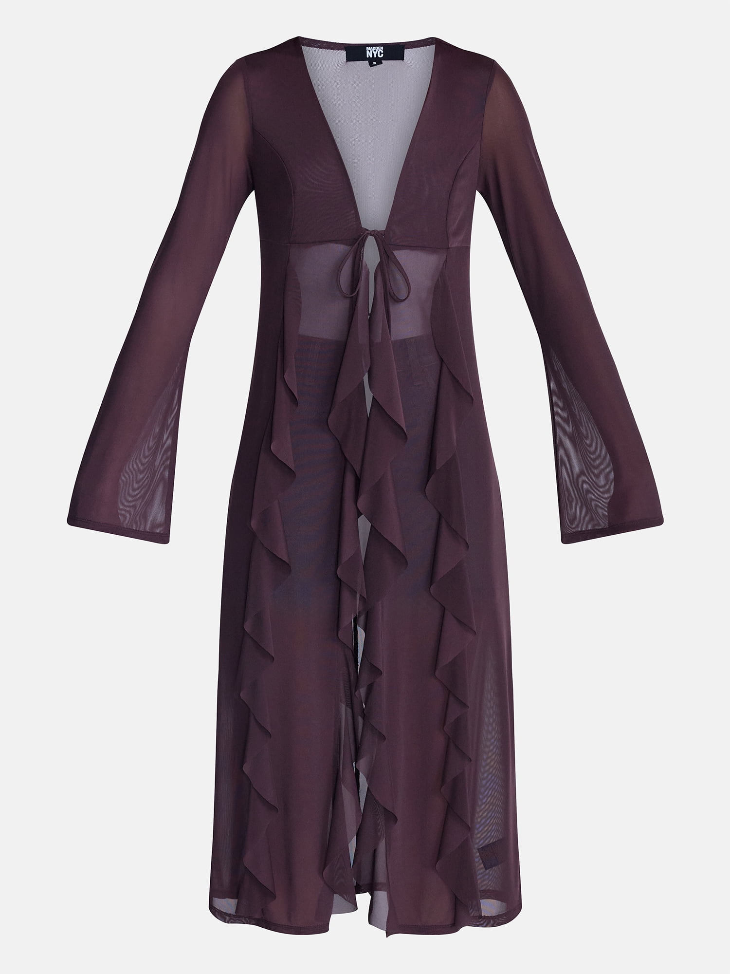 Madden NYC Women’s Ruffle Sheer Tie Front Duster with Long Sleeves, Sizes XXS-XXL