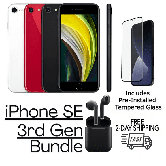 Restored Apple iPhone SE (3rd Gen) A2595 (Fully Unlocked) 128GB Starlight Bundle with Pre-Installed Tempered Glass and Bluetooth Earbuds (Refurbished)