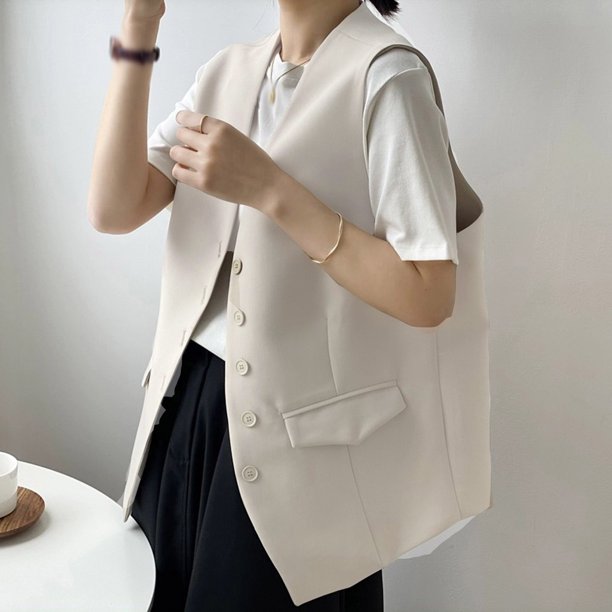 Blazer para mujer, color liso, con botones y bolsillos, sin mangas, chaleco, blazer, traje, abrigo de poliéster para mujer