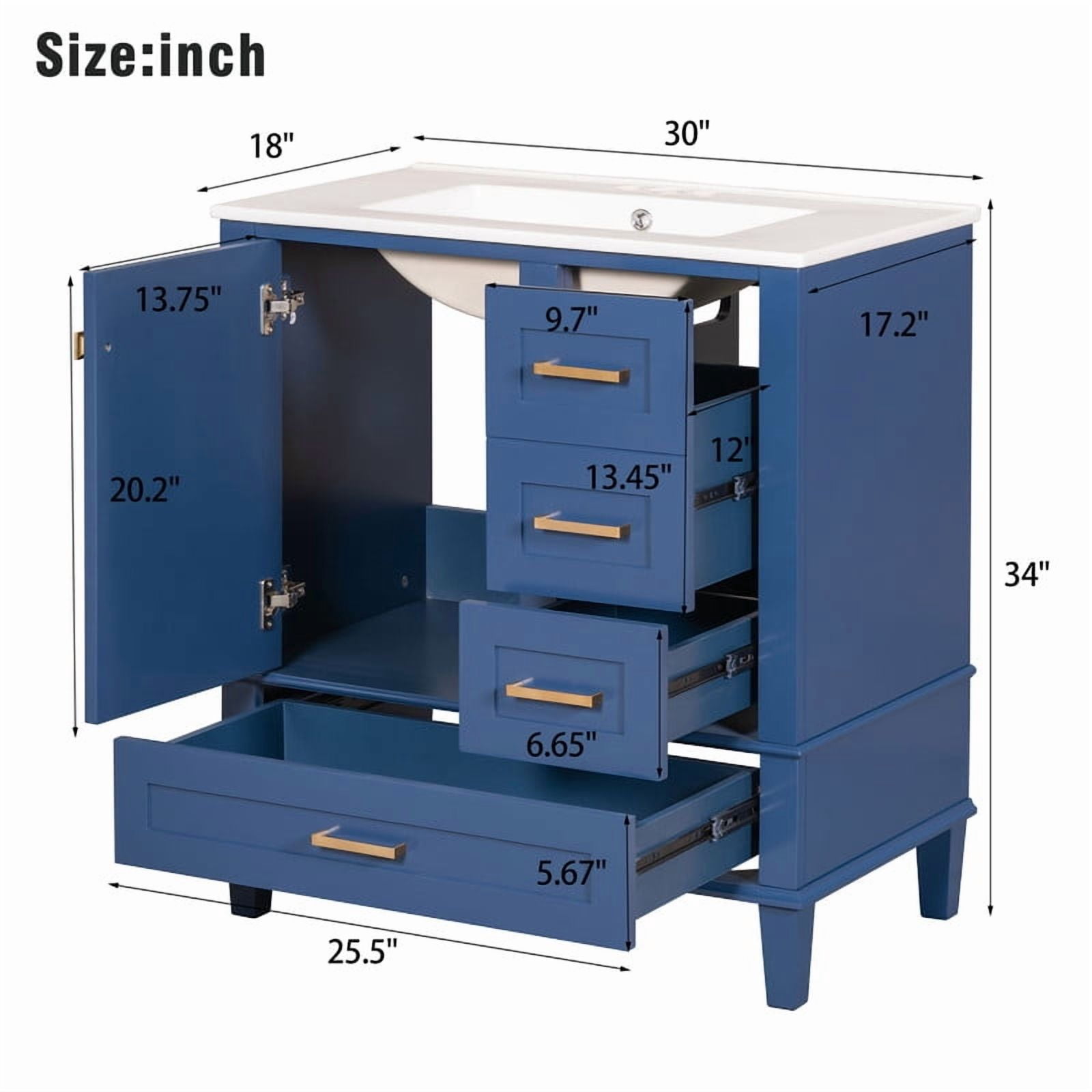 Bellemave 30" Bathroom Vanity with Sink, Cabinet with Sink Combo Set with Top, Bathroom Storage Cabinet with 3 Drawers and 1 Soft Closing Door, 30 Inch Vanity with Sink for Bathroom（Blue）