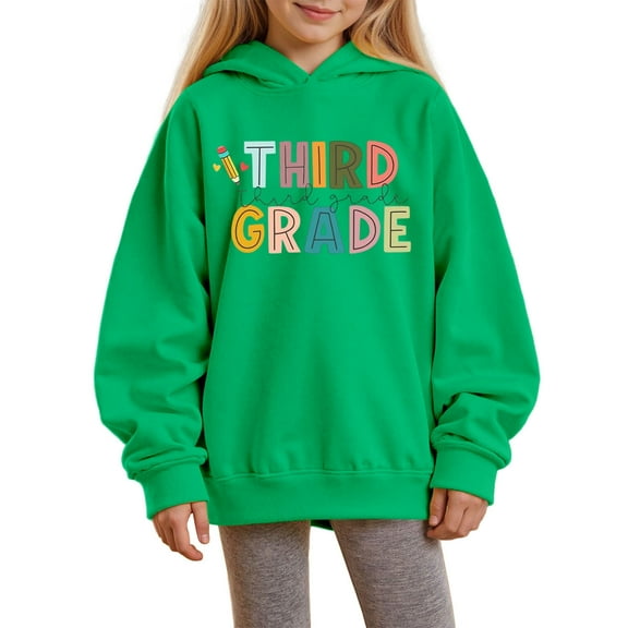 Aihuaihua Girls Back to School Hoodies Third Grade Print Preppy Sweatshirt Oversized Hooded Sweatshirt Pullover Tops Cute School Uniform for Girls 1-14 Years 120 Green