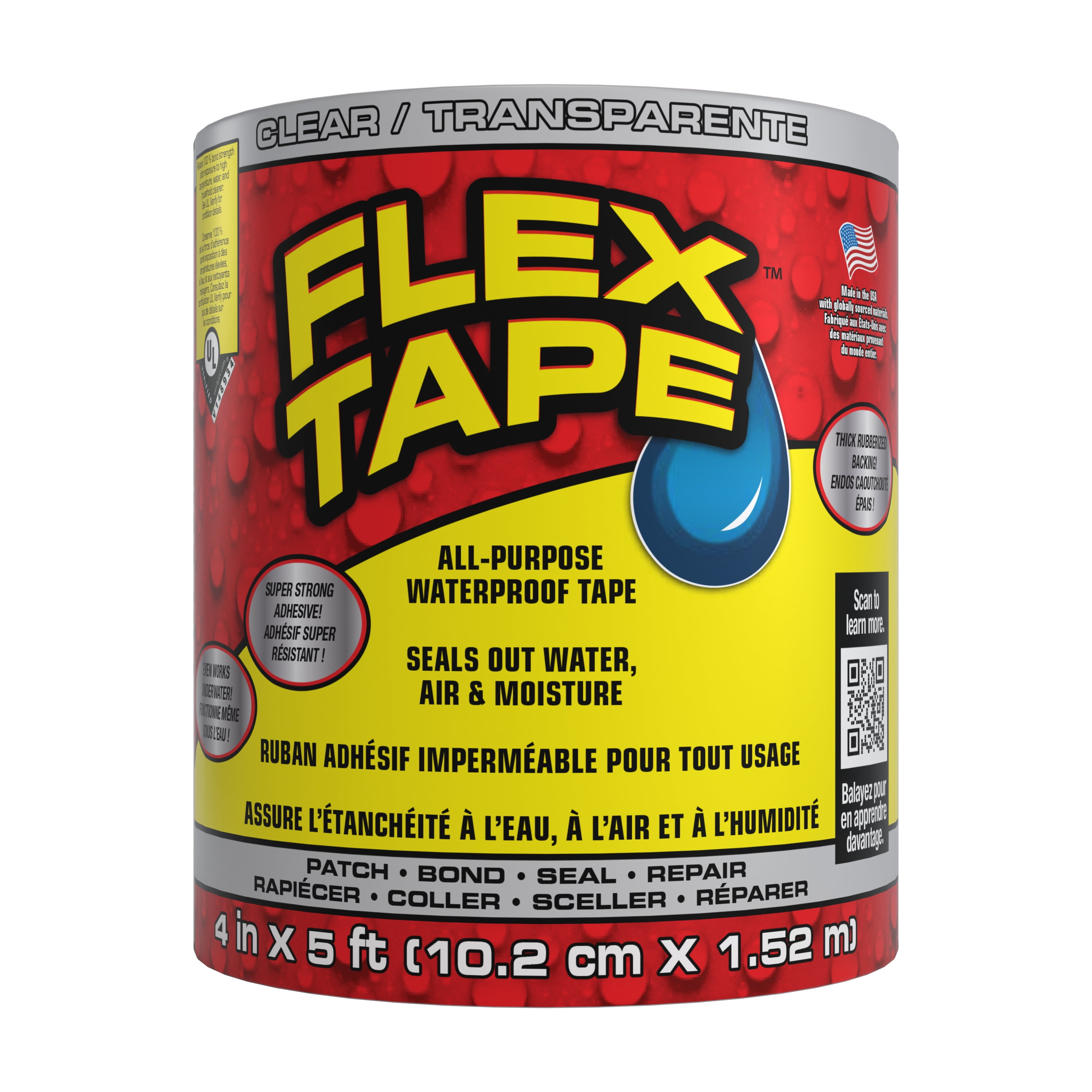 Flex Tape Clear 4"x 5', Rubberized waterproof tape.