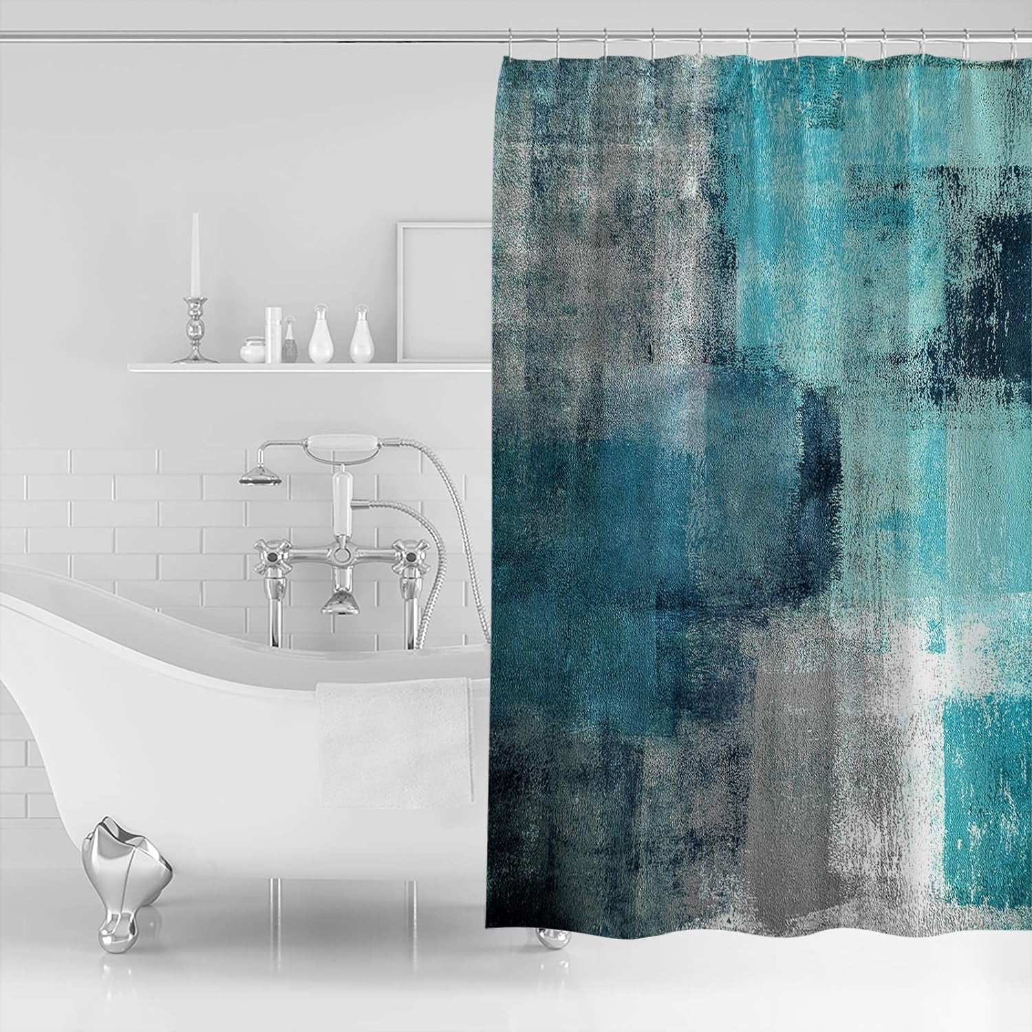 Turquoise Blue Grey Shower Curtain Lightweight Shower Curtains with 12 Hooks Turquoise and Grey Teal Abstract Art Painting Waterproof Bathroom Bath Curtain for Bathroom,Bathtub Decor 72 X 72 Inch