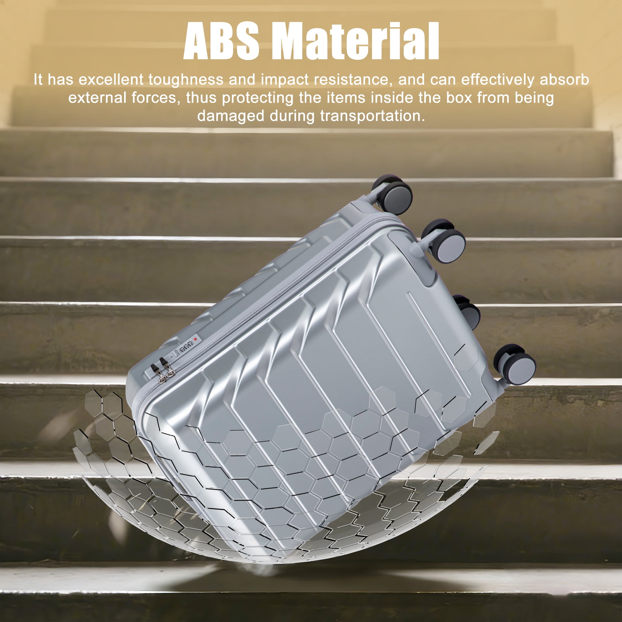 20 Inch ABS Hard Shell Carry-On Luggage, Airline Approved, Scratch Resistant, 4 Spinner Wheels, Built-in Combination Lock, Lightweight Waterproof Suitcase (Silver)