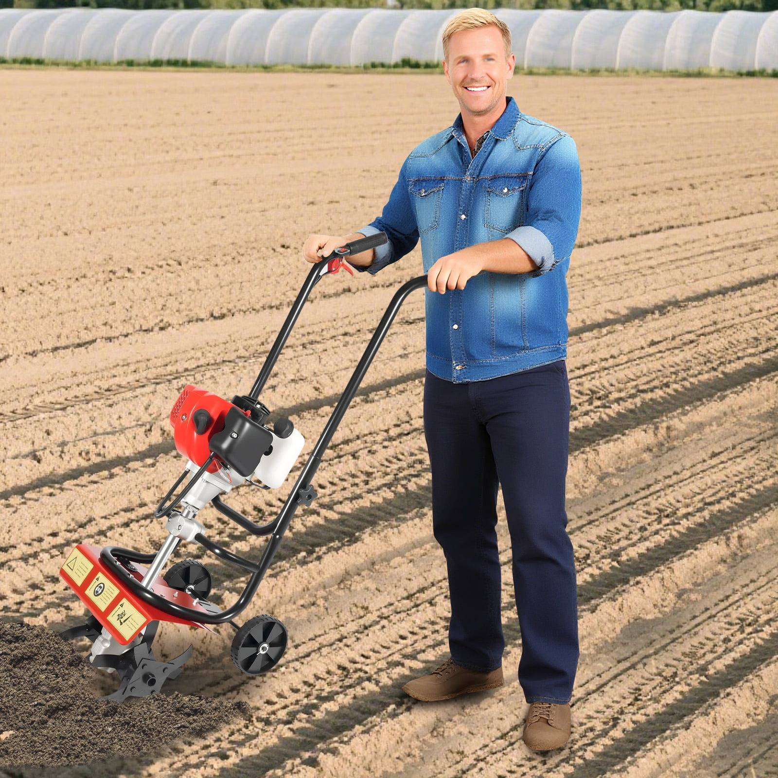 52cc Gas Power Garden Tiller Cultivator, 2-Stroke Mini Gasoline Tiller Hand Rotary Cultivator Garden Tool 0.2gal 14.17in Width Farmyard Rototiller for Sandy Land Loose Soil