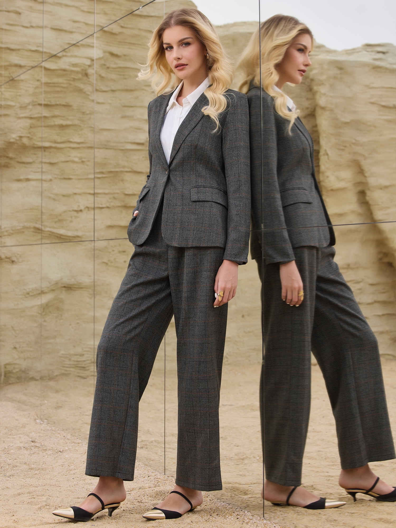 DARING DIVA Women's Houndstooth Plaid Blazer Business Suit Jacket XL Black Grey