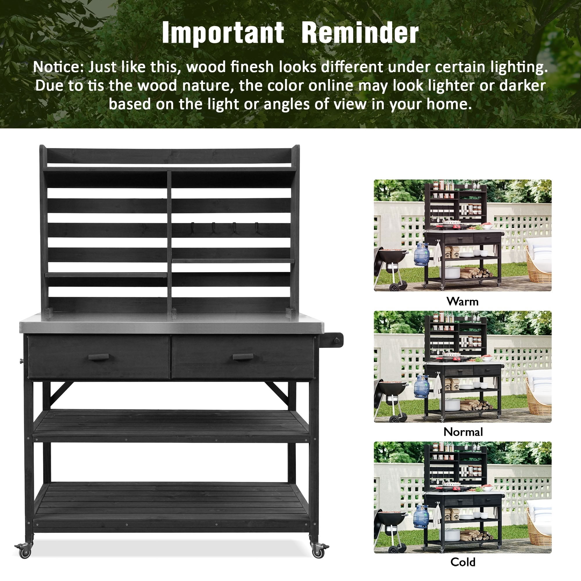 MAYEERTY 65" Tall Outdoor Potting Bench with Lockable Wheels, Wood Outdoor Heavy Duty Workstation for Gardening, Grilling, Patio