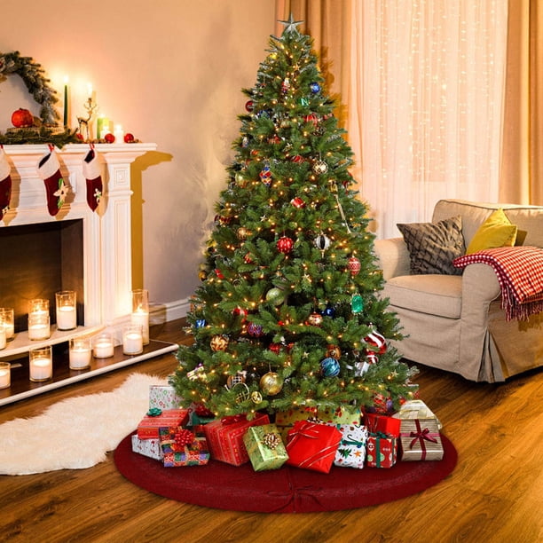 Knitted Christmas Tree Skirt, Red White Knitted Tree Apron, Festive Home Decor, Christmas Ornaments, Easy to Hang, Soft Wool Material, for Living Room