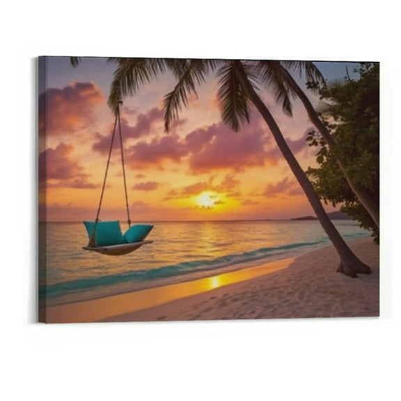 Shiartex Purple Beach Palm Pictures Canvas Wall Art For Living Room Bedroom Wall Decor,Sunset Wall Art Print Paitnings For Home Decor,Morden Artwork Coconut Tree Canvas Ready To Hang-20x16 Inch