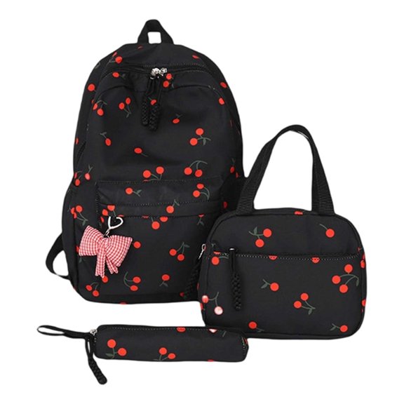 Cherry Print Backpack Set 3 in 1 Lightweight Multi‑Compartment Casual Daypack with Insulated Lunch Tote & Pouch Storage Backpack with Bow Pendant for Daily Commute Travel Casual Outings