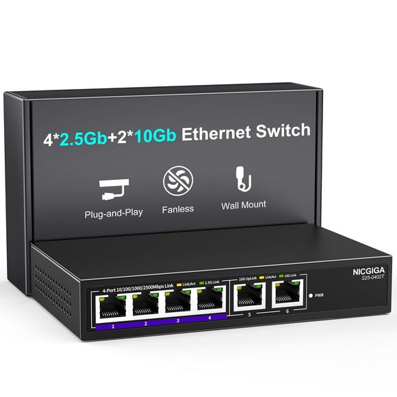 10Gbe Ethernet Switch Unmanaged with 2 x 10Gb RJ45 Ports â 4 x 2.5Gb Base-T Ports, Desktop/Wall Mount NICGIGA 6 Port 10Gbps Network Switch for Wireless AP, NAS, PC