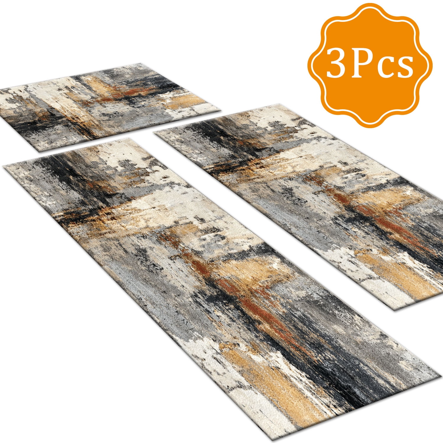 3-Piece Farmhouse Kitchen Rug Set, Washable Anti Slip Striped Floor Mats in 3 Sizes, Stain Resistant Decor Rugs for Kitchen Hallway Bathroom Home Christmas Decor