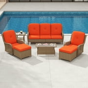 Kinbor Luxury Wicker Patio Furniture Set, 7 Pcs Rattan Outdoor Conversation Set, 2 Swivel Chairs, 2 Ottomans, 3-Seater Sofa, Outdoor Coffee Table and Side Table, Orange