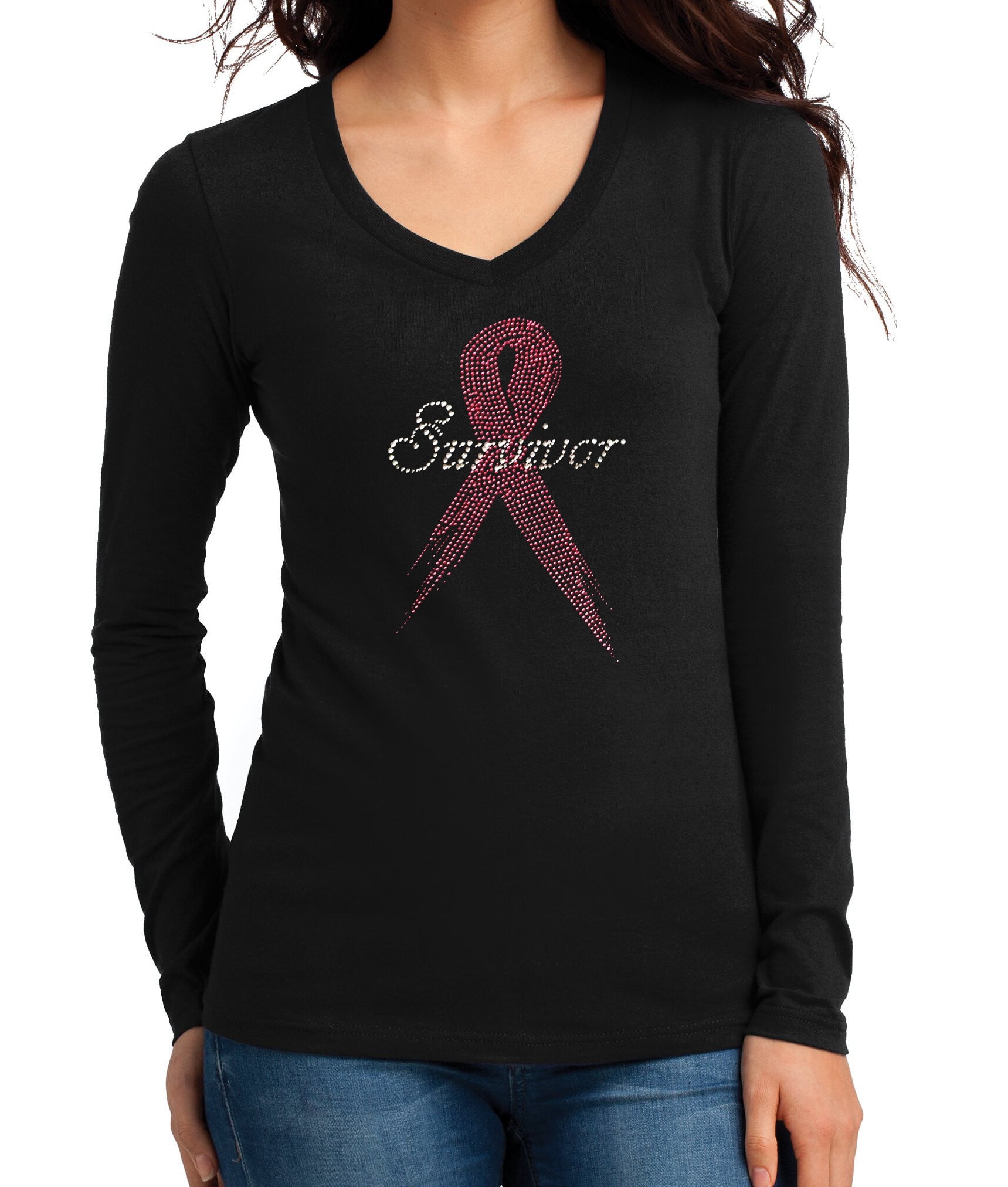 Rhinestone T-Shirt Pink Ribbon Believe Breast Cancer Awareness Size Small to 3XL
