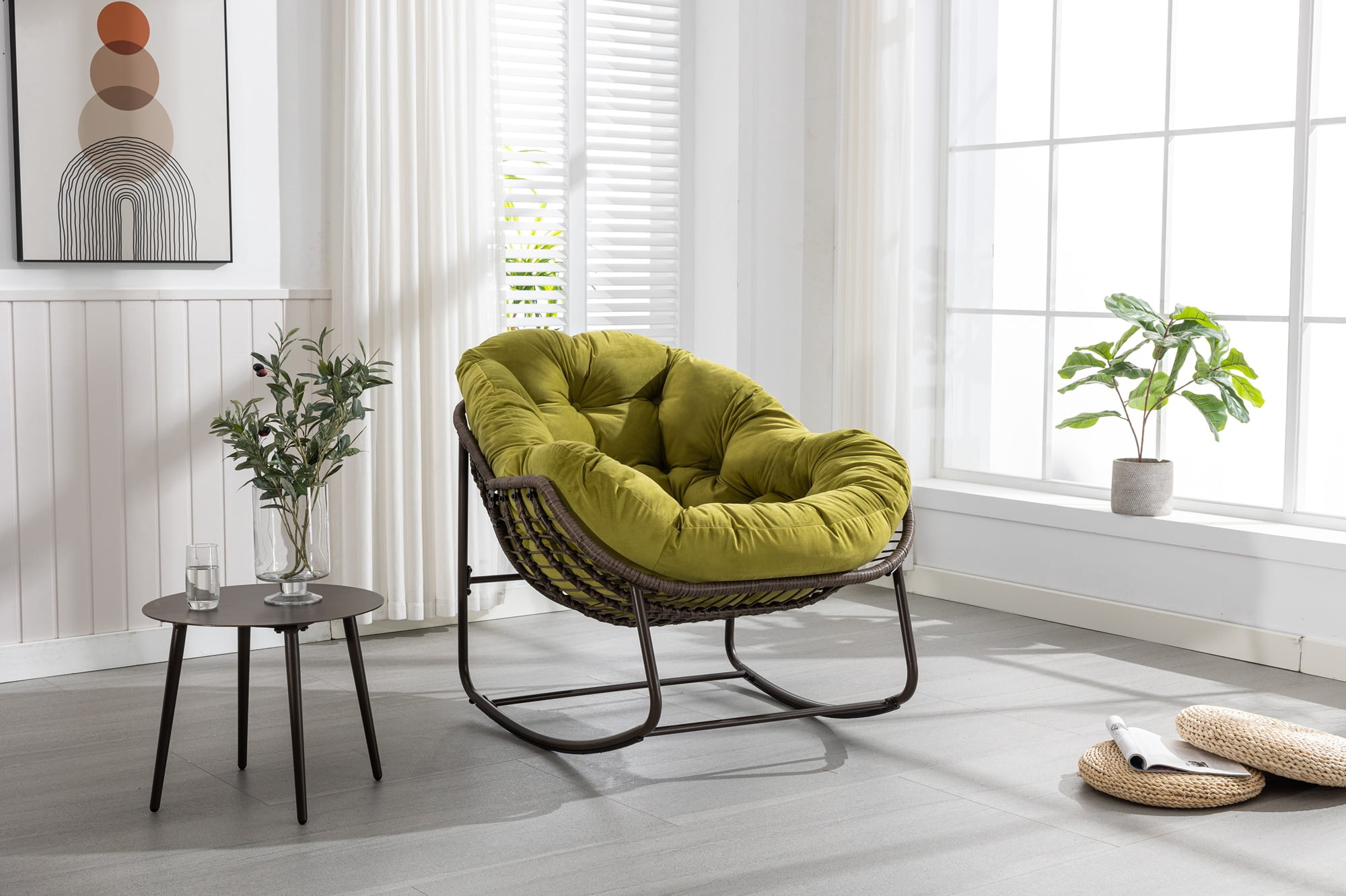 Outdoor Rattan Rocking Chair,Padded Cushion Rocker Recliner Chair Outdoor for Front Porch, Living Room, Patio, Garden