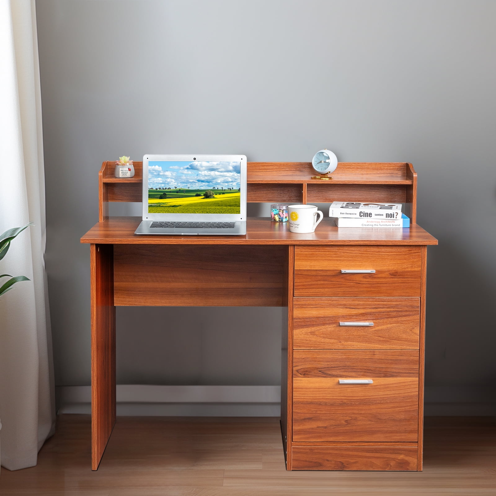 Ktaxon Wood Computer Desk Office Laptop PC Work Table, Writing Desk with 3 Drawers File Cabinet for Letter Size,Wulnut