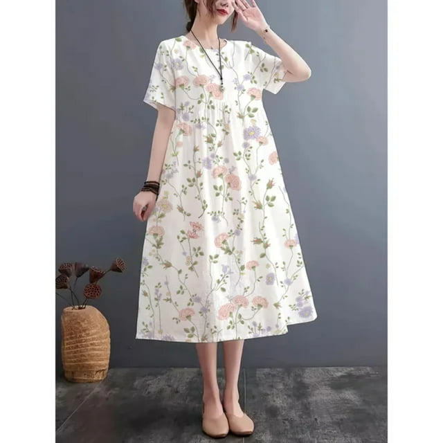 JUNWELL Robe d'Été à Motif Traditionnel, Col Rond, Manches Courtes, Imitation Lin, Légère et Respirante, Confortable