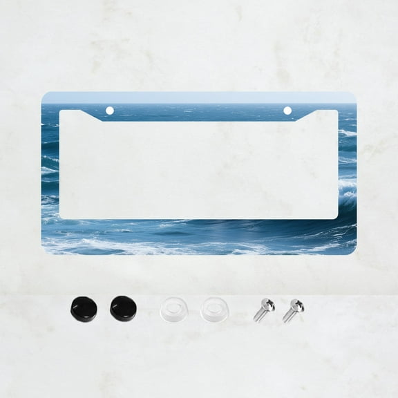 1pc Blue Ocean Wave Pattern 2 Hole License Plate Frame, Aluminium Material, 6x12 Inches, with Screw Set, Retro Novelty Car Decoration Gift, Standard US License Plate Size