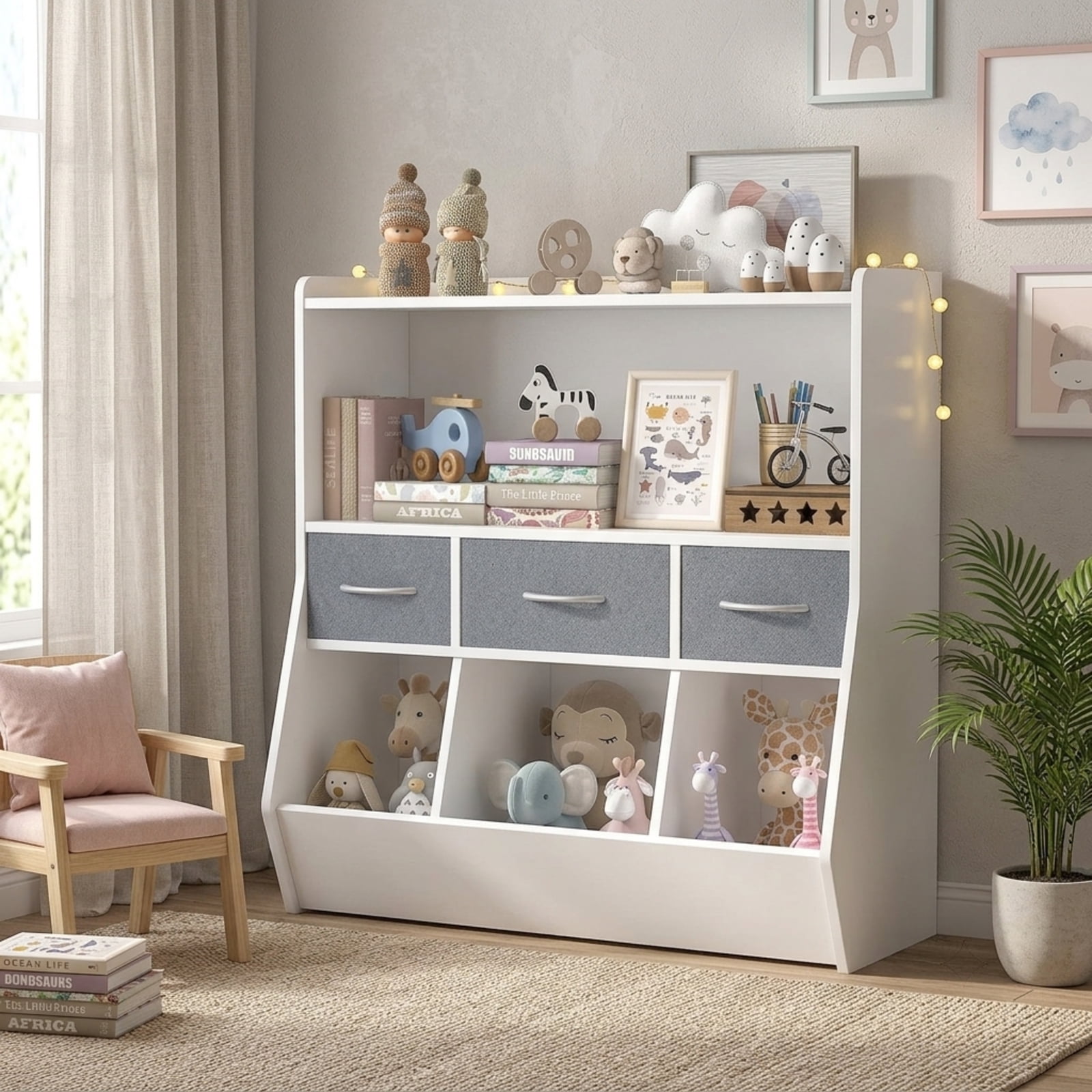 Fenbeli Kids Bookshelf and Toy Storage Organizer, White MDF Bookcase with 3 Removable Fabric Bins Open Compartments and Rounded Edges, for Nursery Bedroom and Playroom