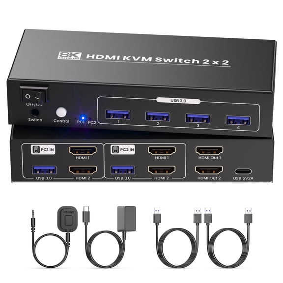 2 Monitors 2 Computers HDMI KVM Switch, Dual Monitor KVM Supporting 8K@60Hz and 4K@120Hz, Built-In USB 3.0 Hub, Control Two PCs With Button and External Controller