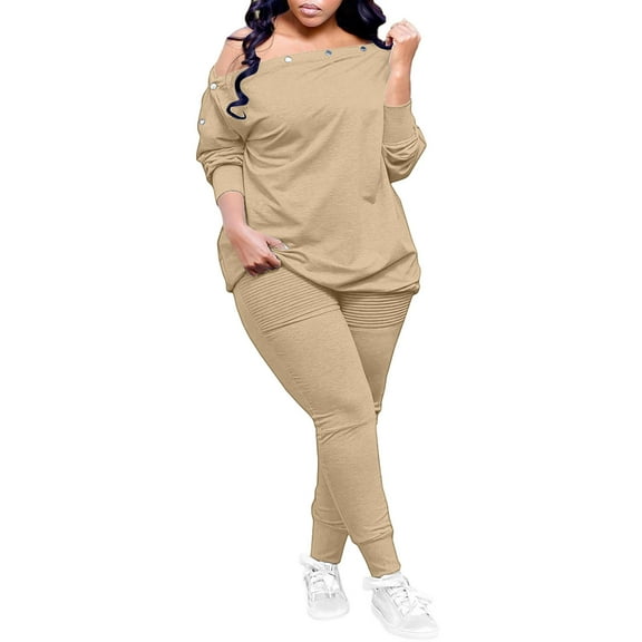 Solid 2 Piece Tracksuit For Women Long Sleeve Off houlder Tops With Sweatpants Jogger Sweatsuit Casual Workout Set