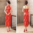 thumbnail image 6 of Women Summer Cheongsam Stand Collar Printing Off Shoulder Backless Split Hem Hollow Out Sleeveless Qipao Slim Fit Retro Chinese Style Banquet Party Cocktail Dress, 6 of 7