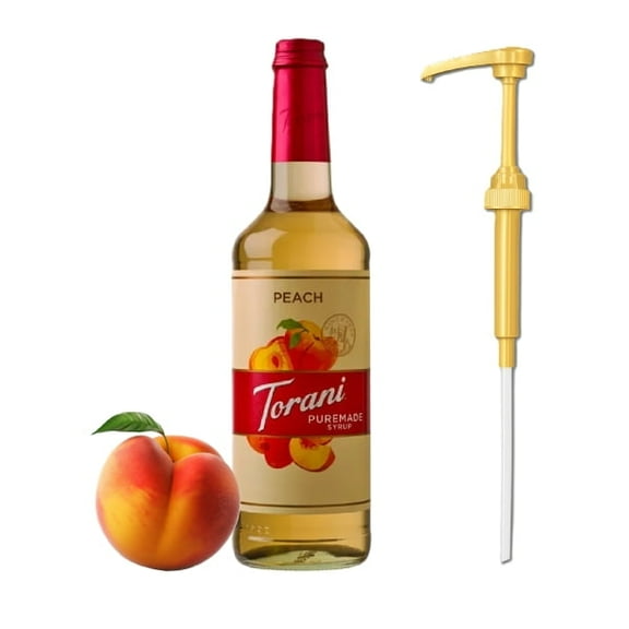 Torani Puremade Peach Flavouring Syrup, 25.4 fl oz (750ml) Glass Bottle with Absol Gold Pump