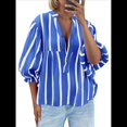 thumbnail image 1 of Blusa de Verano A Rayas con Cuello en V y Mangas Abullonadas para Mujer, Estilo Babydoll, Holgada e Informal Azul L, 1 of 9