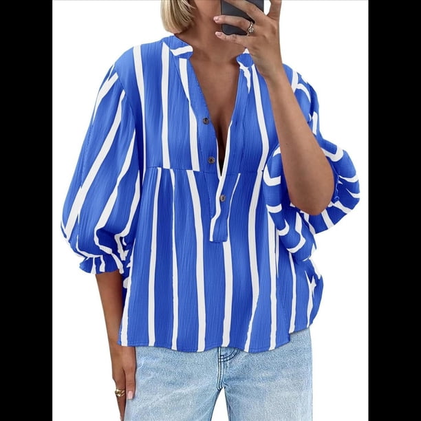 Blusa de Verano A Rayas con Cuello en V y Mangas Abullonadas para Mujer, Estilo Babydoll, Holgada e Informal Azul L