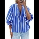 thumbnail image 1 of Blusa de Verano A Rayas con Cuello en V y Mangas Abullonadas para Mujer, Estilo Babydoll, Holgada e Informal Azul XL, 1 of 9