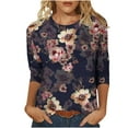 thumbnail image 3 of JURANMO Going Out Tops for Women 3/4 Sleeve Crewneck T-shirts Fashion Floral Graphic Tees Casual Mid Length Tees 2024 Summer Holiday Deals X-Navy#Elegant tops S, 3 of 6