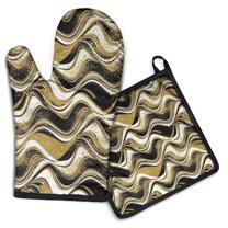 Black Gold White Marble Pattern Kitchen Oven Mitt and Pot Holder Sets 4 Pcs for Baking, Cooking and Grilling, Heat Resistant Up To 392 °F