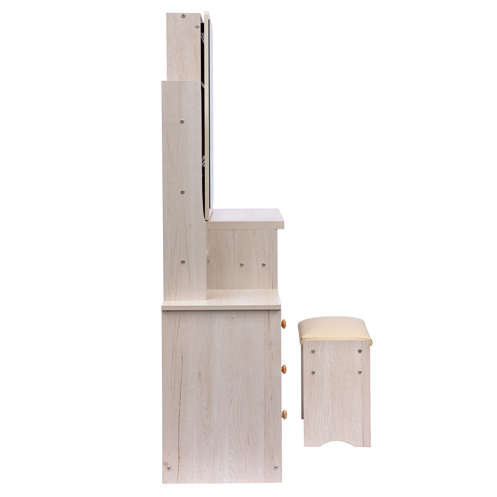 Resenkos Makeup Vanity Set with Mirror Cushioned Stool Open Storage Shelves and 4 Drawers White Oak