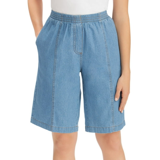 Collections Etc. - Women's Elastic Comfort Waist Denim Bermuda Shorts