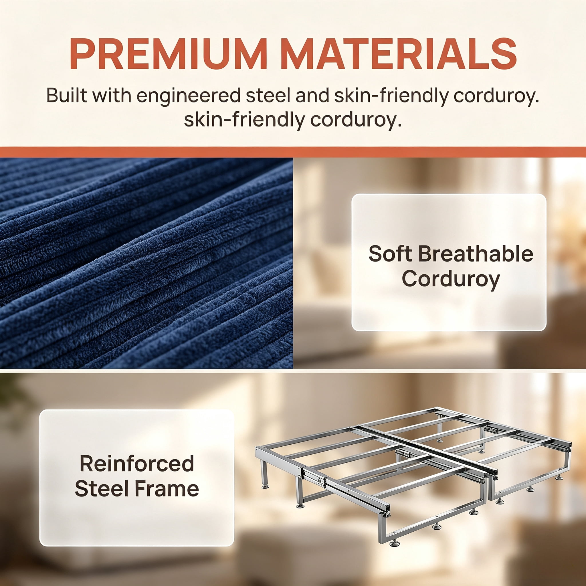 3-in-1 King Size Sleeper Sofa Bed, 94.5" Corduroy Convertible Pull Out Couch with Steel Frame, Modern Folding Lounge Sofa for Living Room, Blue